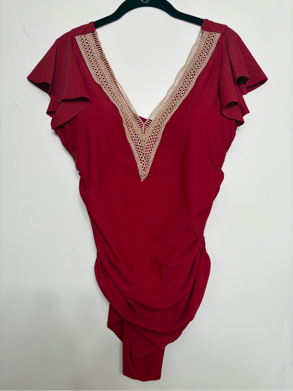 Women’s Deep V One-Piece Swimsuit with Lace Trim - Red XL